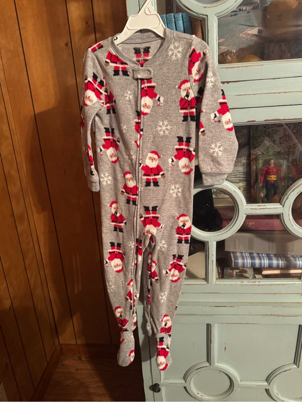 Kids Carters Grey Santa Print One-Piece Footed Pajamas Size 3T C2